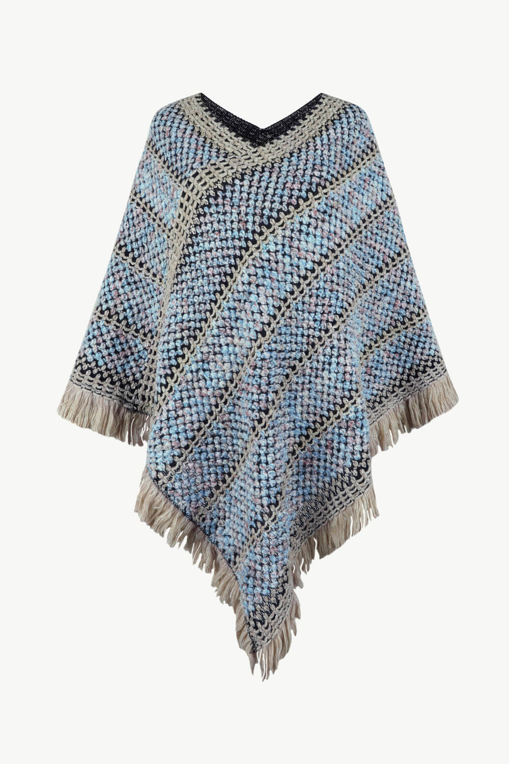 V-Neck Fringe Hem Poncho BLUE ZONE PLANET