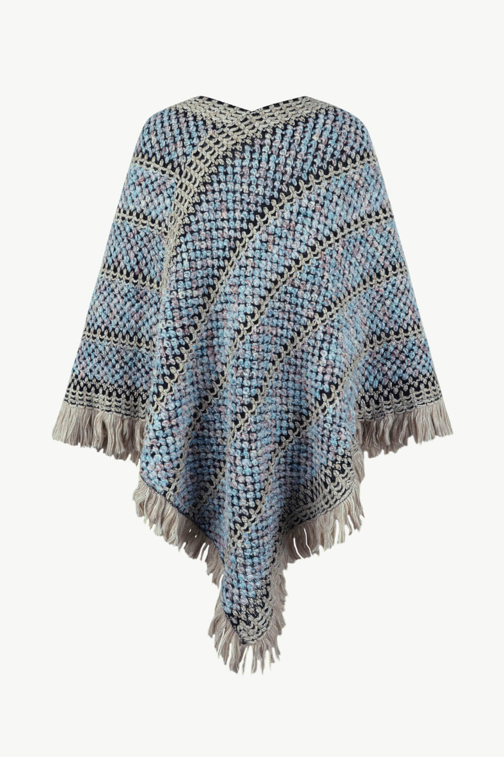 V-Neck Fringe Hem Poncho BLUE ZONE PLANET