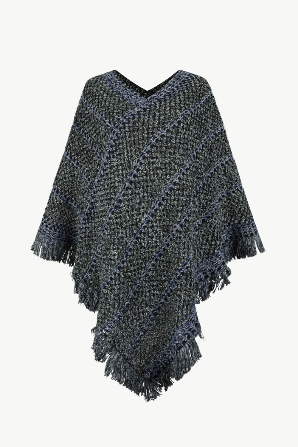 V-Neck Fringe Hem Poncho BLUE ZONE PLANET