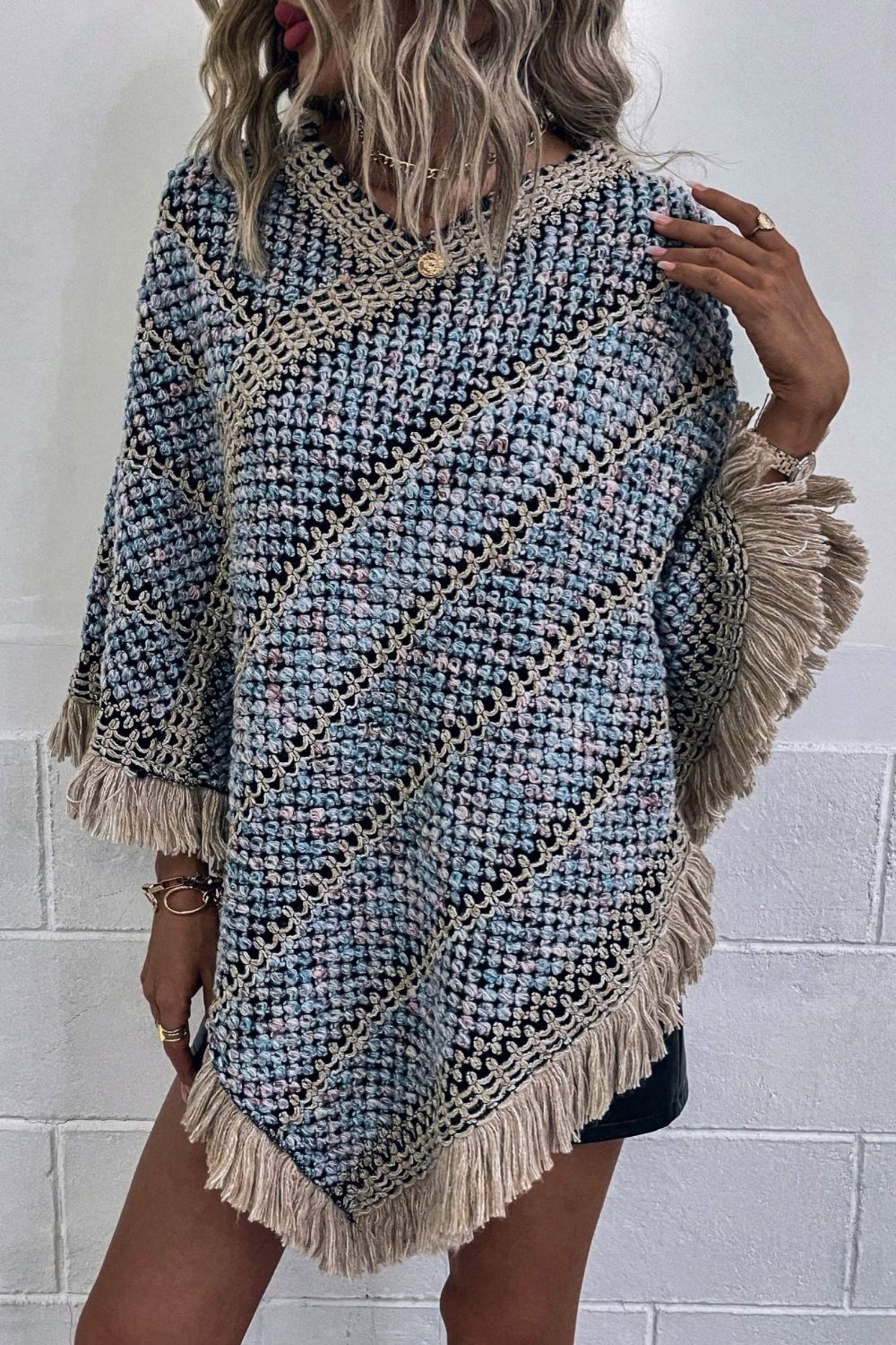 V-Neck Fringe Hem Poncho BLUE ZONE PLANET