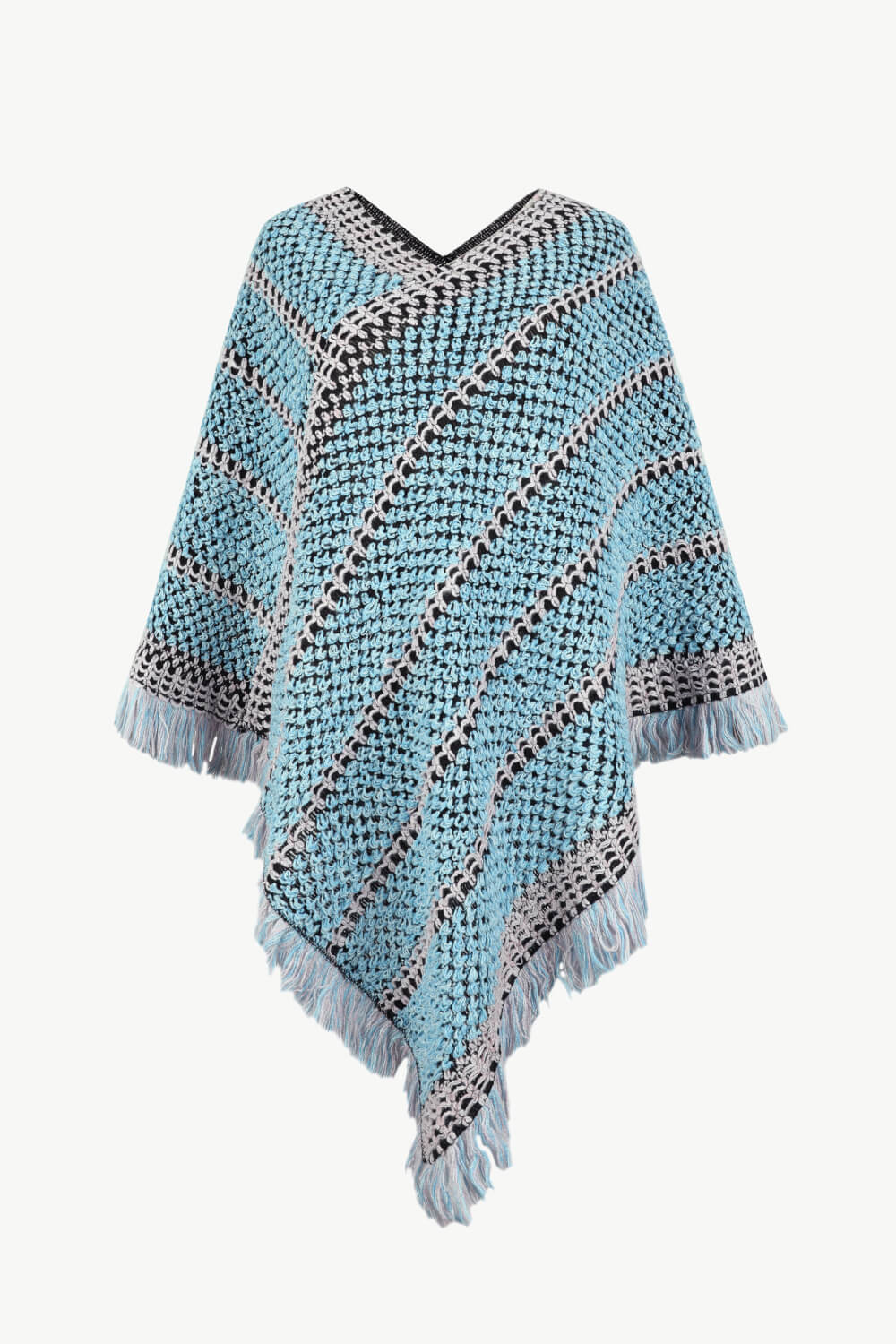 V-Neck Fringe Hem Poncho BLUE ZONE PLANET