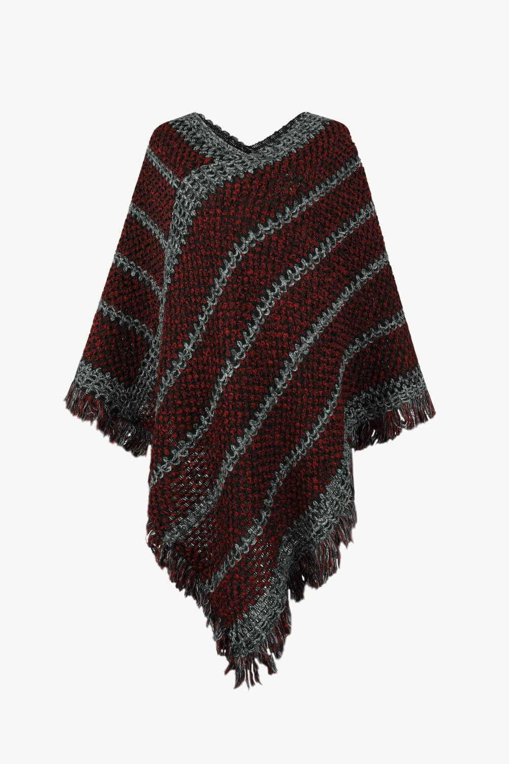 V-Neck Fringe Hem Poncho BLUE ZONE PLANET