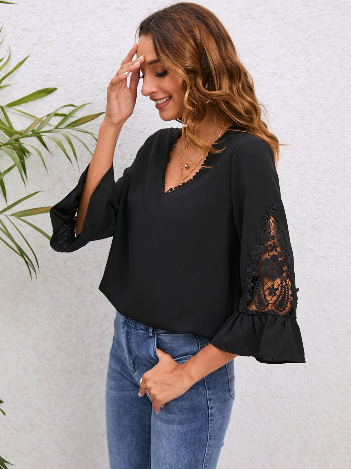 V-Neck Lace Detail Flounce Sleeve Blouse BLUE ZONE PLANET