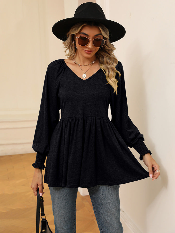 V-Neck Lantern Sleeve Blouse BLUE ZONE PLANET