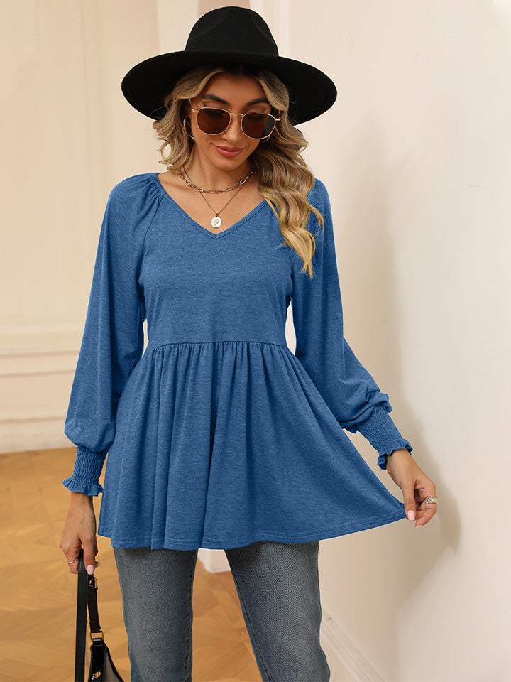 V-Neck Lantern Sleeve Blouse BLUE ZONE PLANET