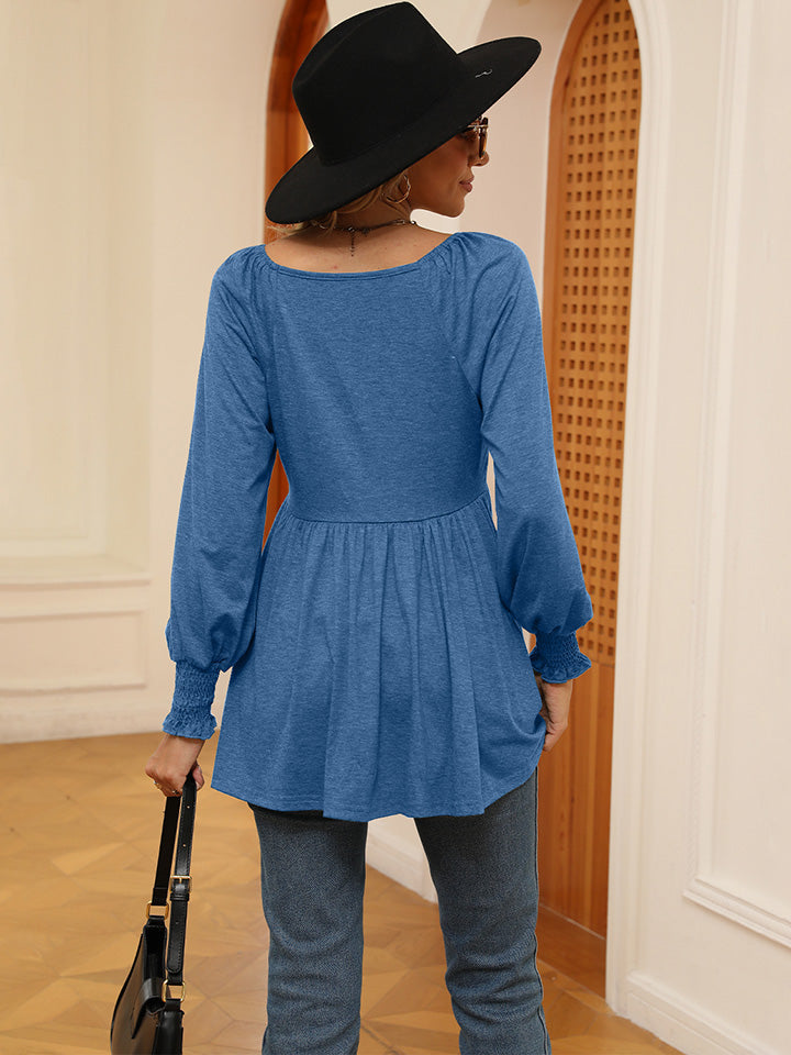 V-Neck Lantern Sleeve Blouse BLUE ZONE PLANET