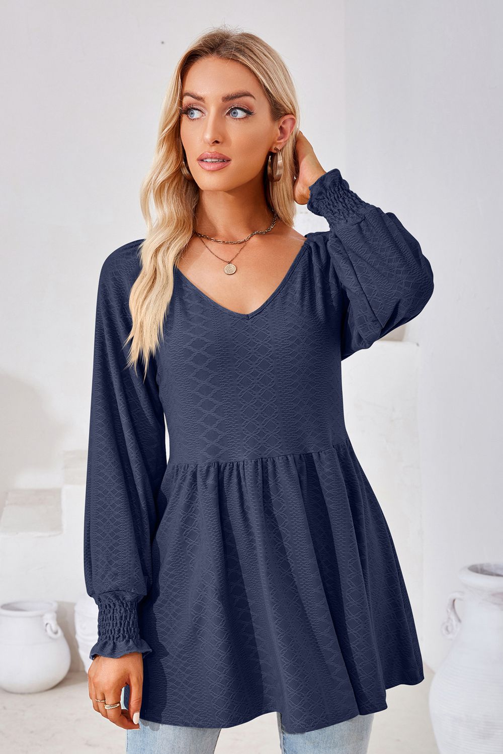 V-Neck Lantern Sleeve Blouse BLUE ZONE PLANET