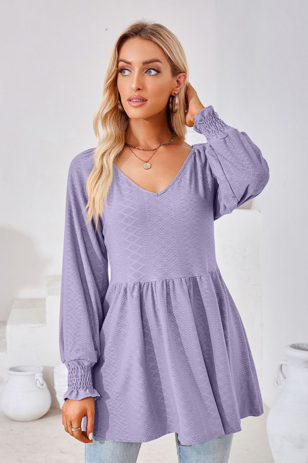 V-Neck Lantern Sleeve Blouse BLUE ZONE PLANET