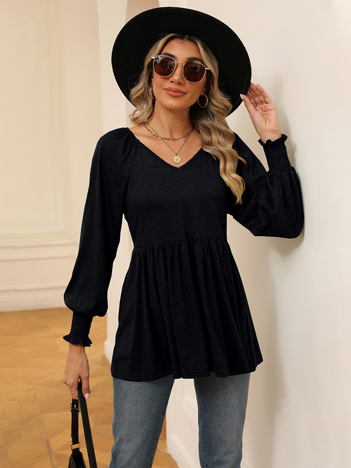 V-Neck Lantern Sleeve Blouse BLUE ZONE PLANET