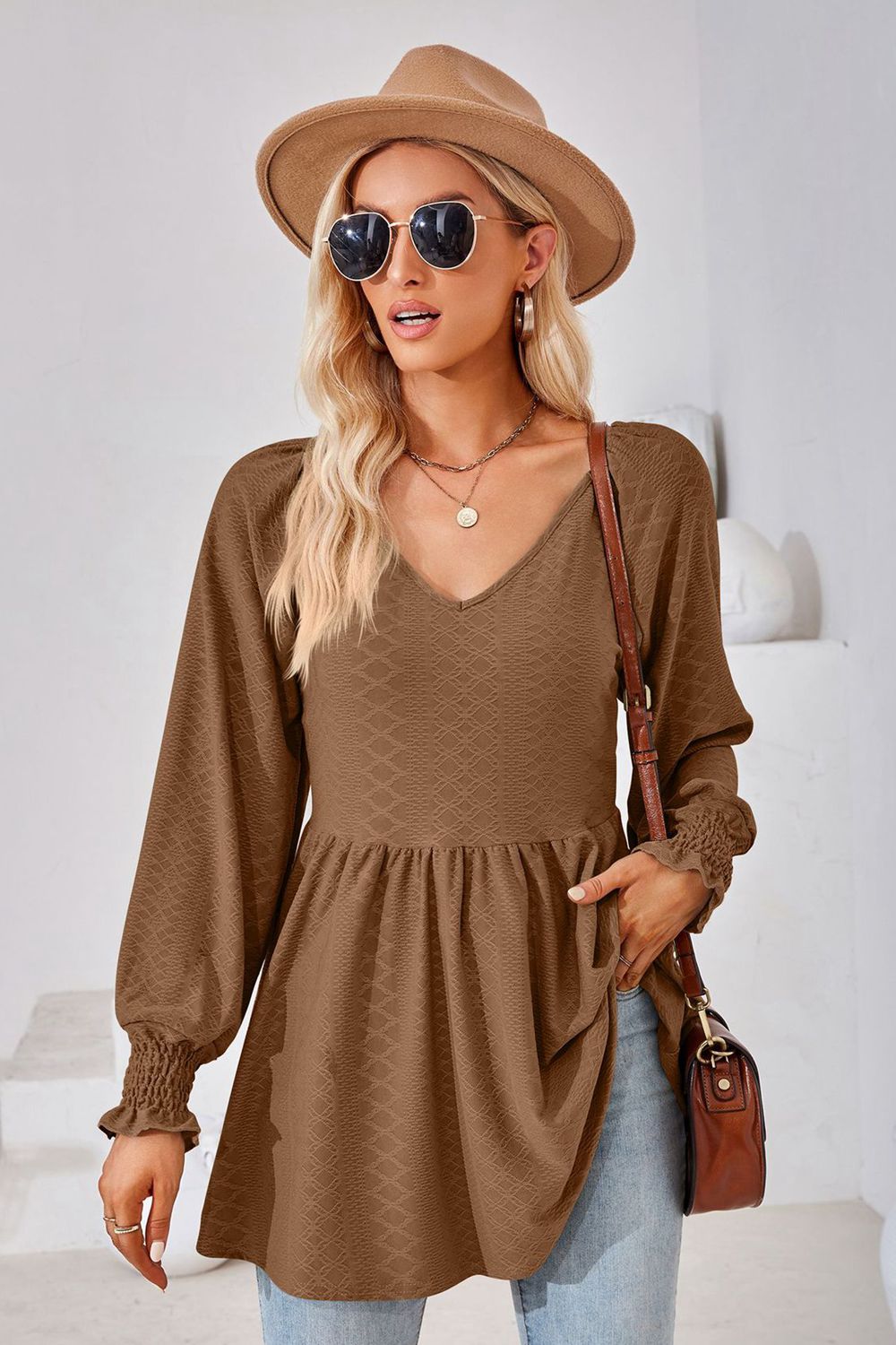 V-Neck Lantern Sleeve Blouse BLUE ZONE PLANET