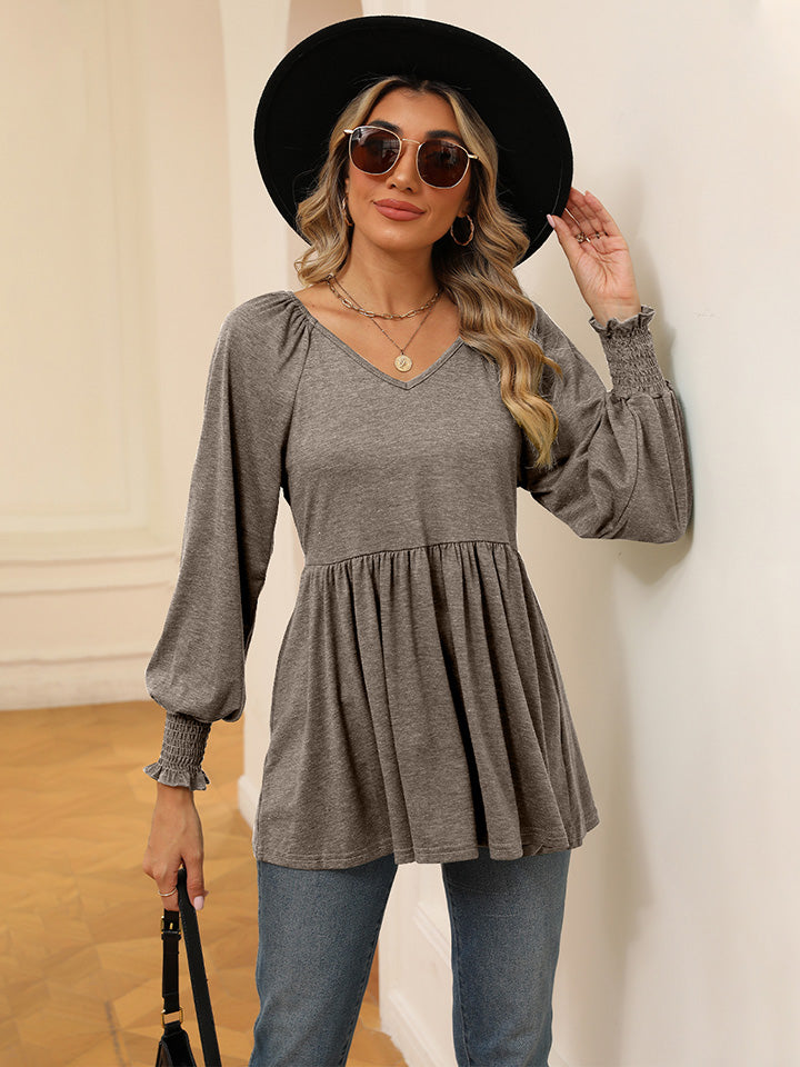 V-Neck Lantern Sleeve Blouse BLUE ZONE PLANET