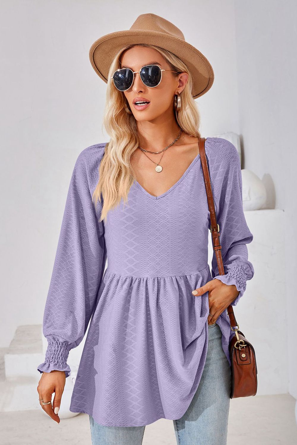 V-Neck Lantern Sleeve Blouse BLUE ZONE PLANET