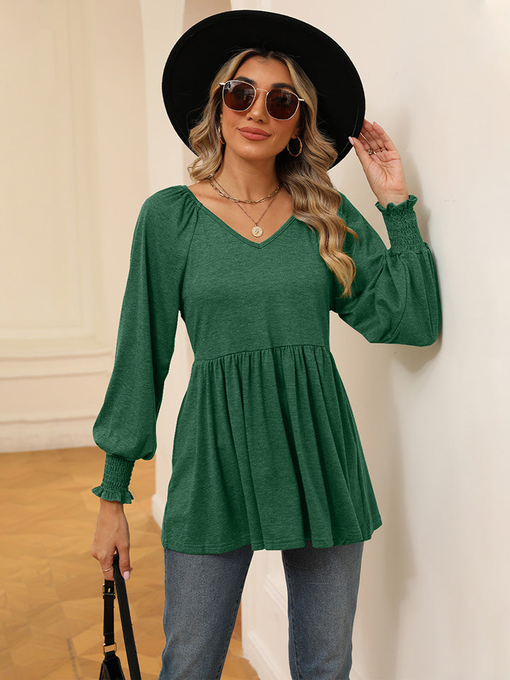 V-Neck Lantern Sleeve Blouse BLUE ZONE PLANET