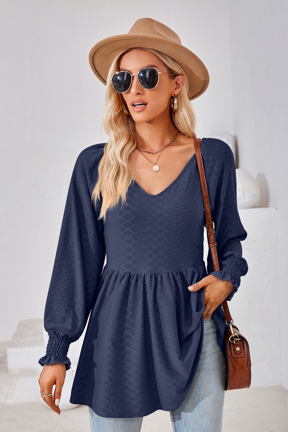 V-Neck Lantern Sleeve Blouse BLUE ZONE PLANET