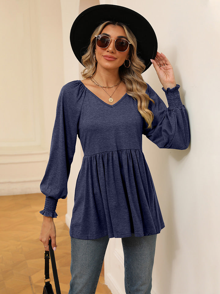 V-Neck Lantern Sleeve Blouse BLUE ZONE PLANET