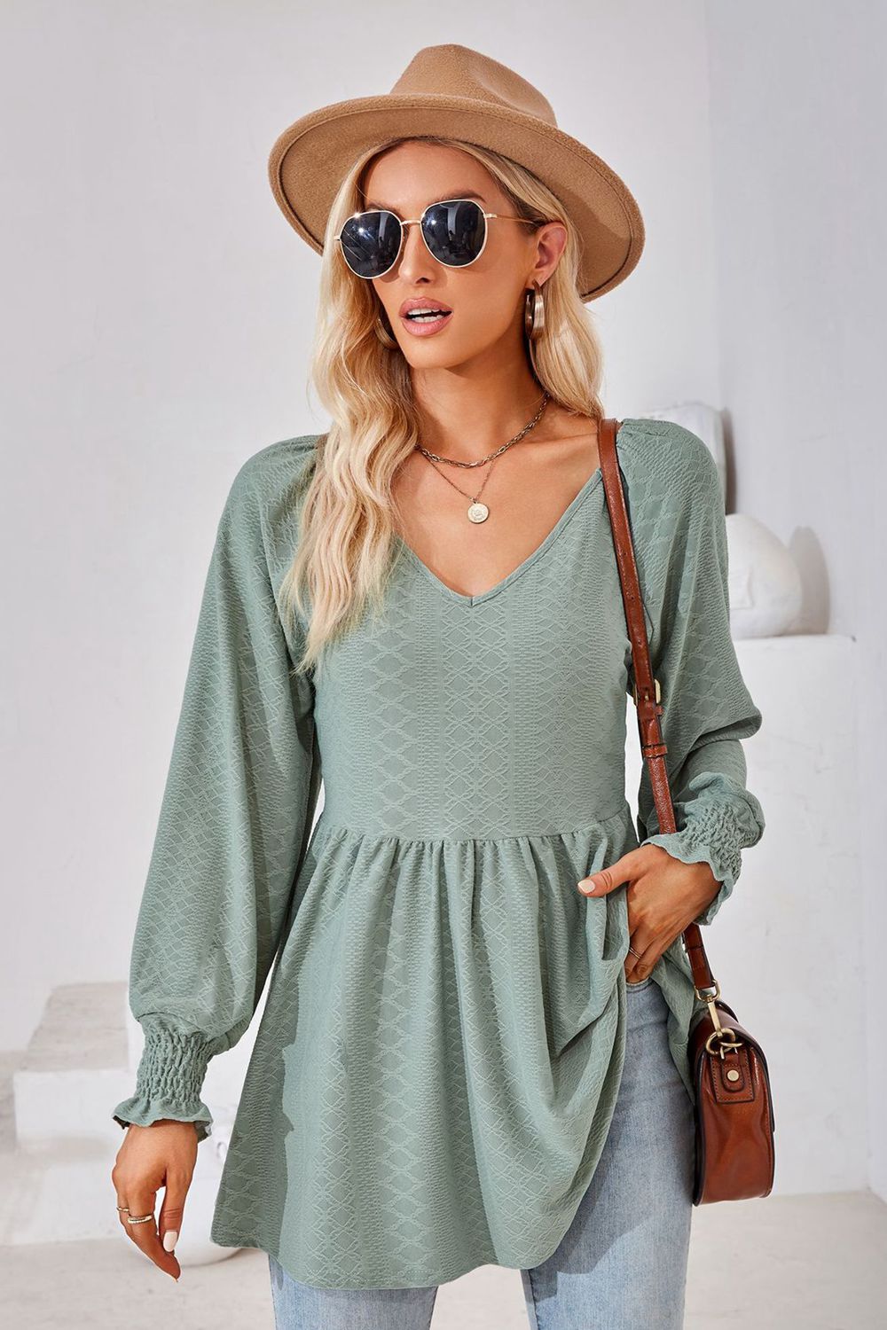 V-Neck Lantern Sleeve Blouse BLUE ZONE PLANET