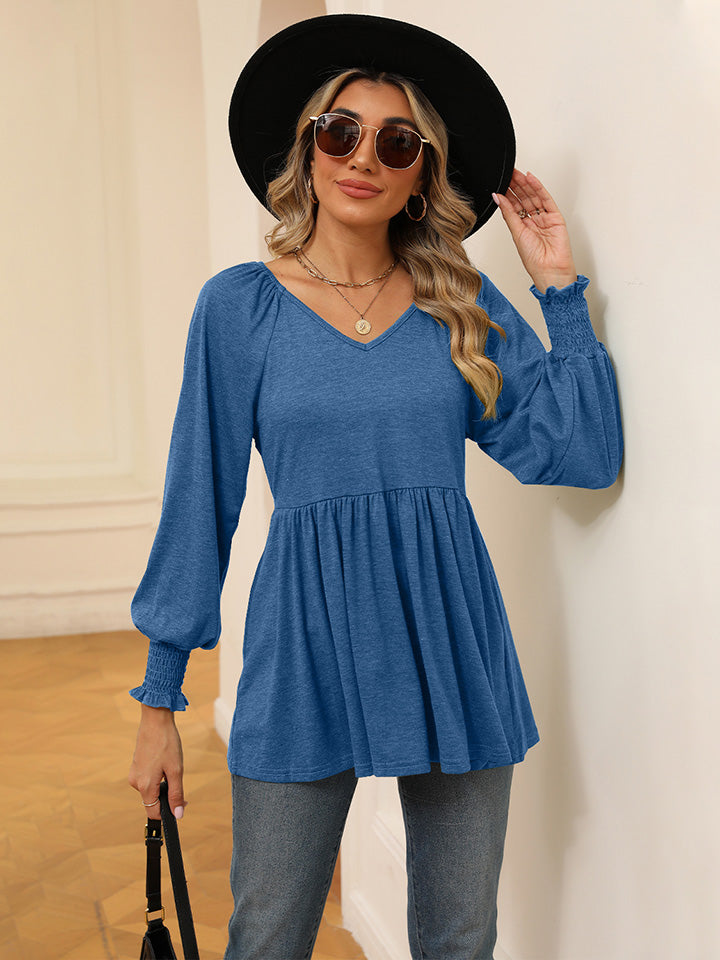 V-Neck Lantern Sleeve Blouse BLUE ZONE PLANET