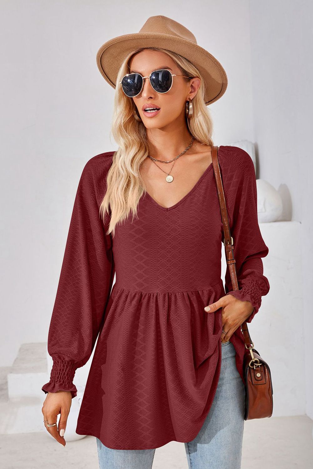 V-Neck Lantern Sleeve Blouse BLUE ZONE PLANET