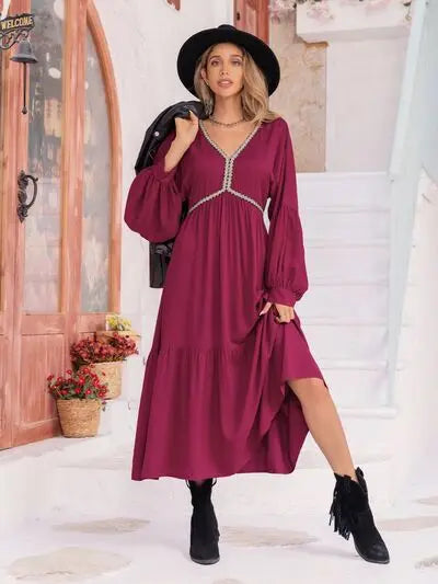 V-Neck Lantern Sleeve Ruffle Hem Dress Trendsi