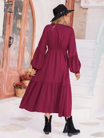 V-Neck Lantern Sleeve Ruffle Hem Dress Trendsi