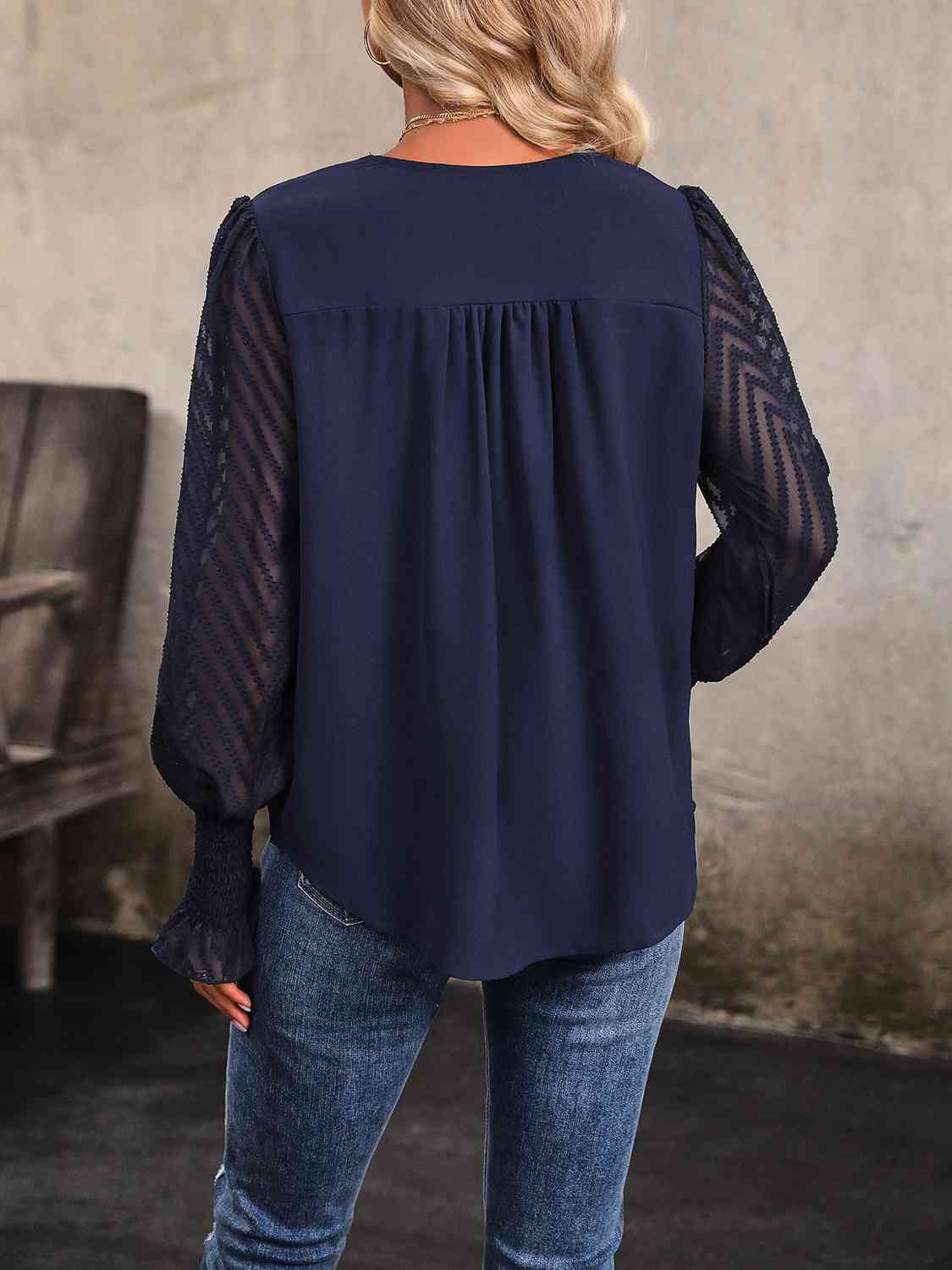 V-Neck Long Mesh Sleeve Top BLUE ZONE PLANET