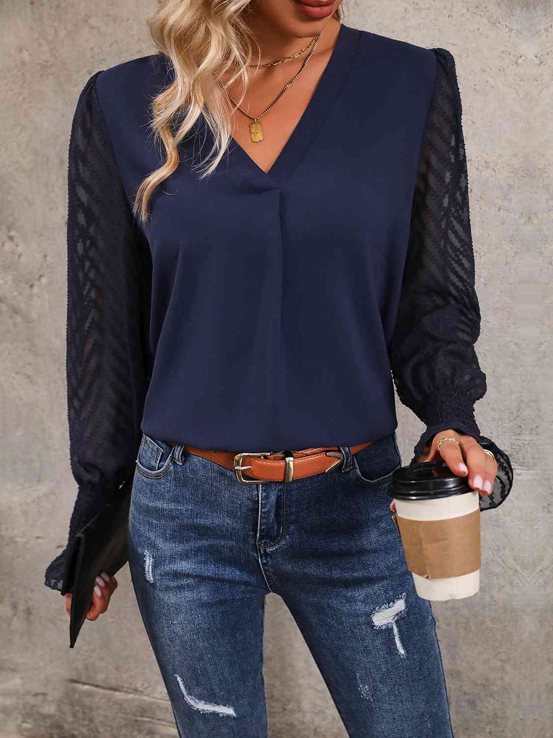 V-Neck Long Mesh Sleeve Top BLUE ZONE PLANET