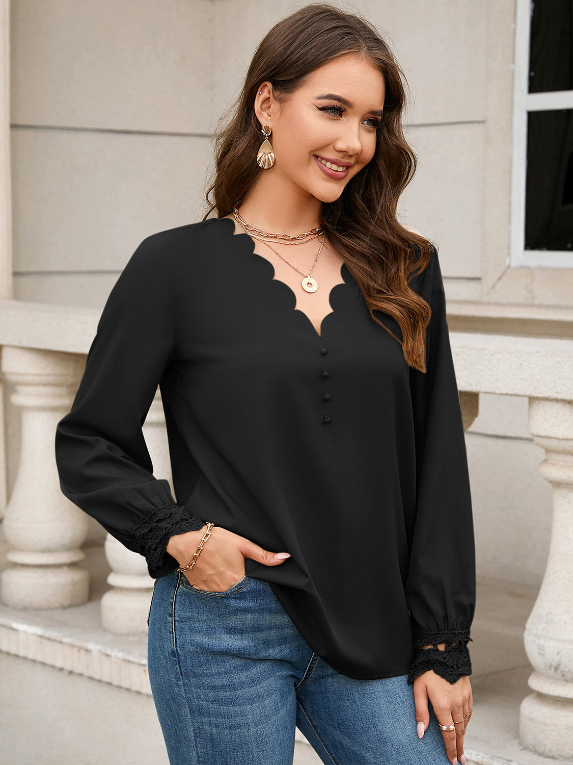 V-Neck Long Sleeve Blouse BLUE ZONE PLANET