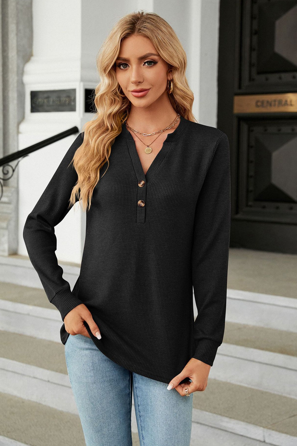 V-Neck Long Sleeve Blouse BLUE ZONE PLANET