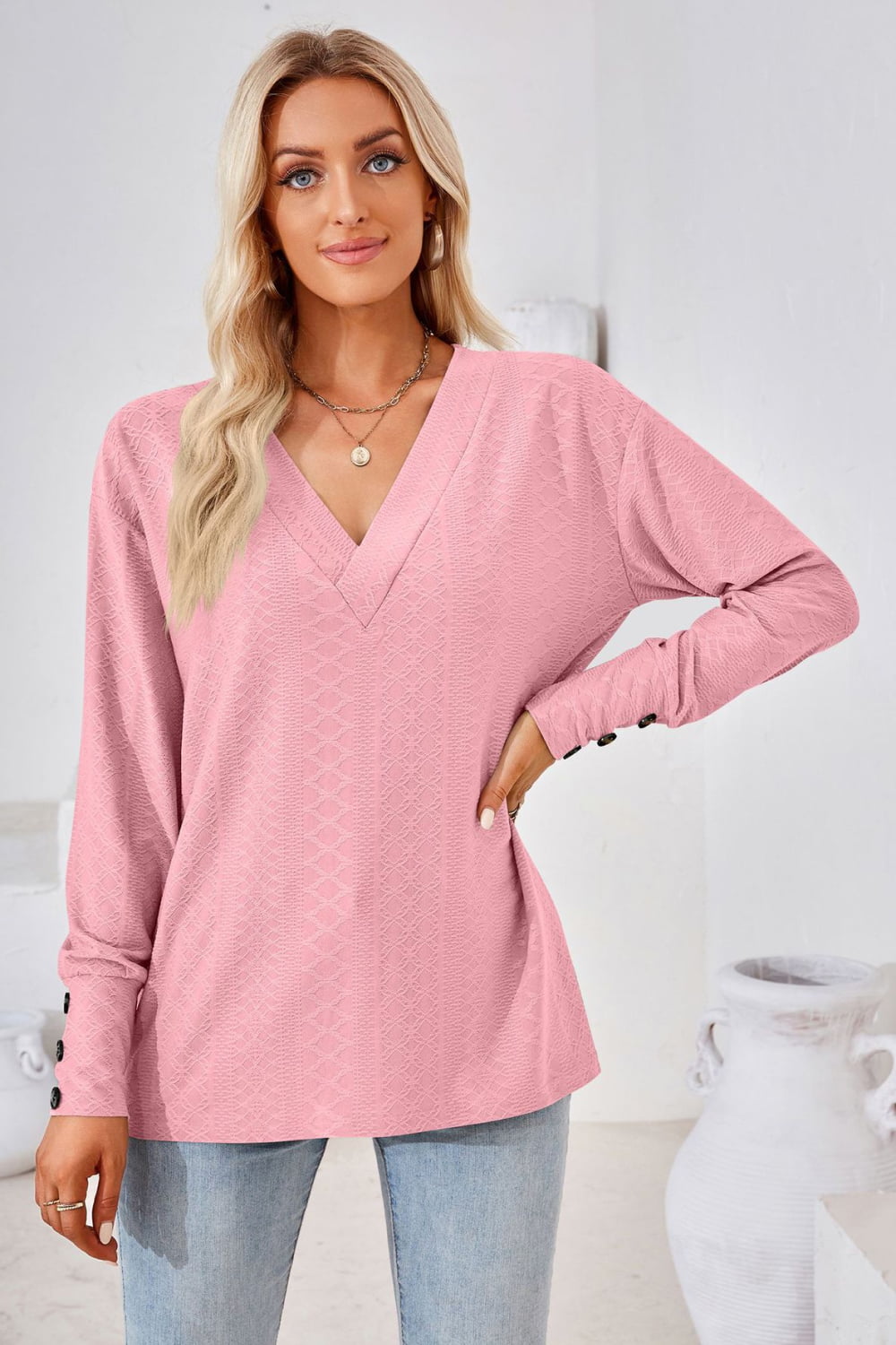 V-Neck Long Sleeve Blouse BLUE ZONE PLANET