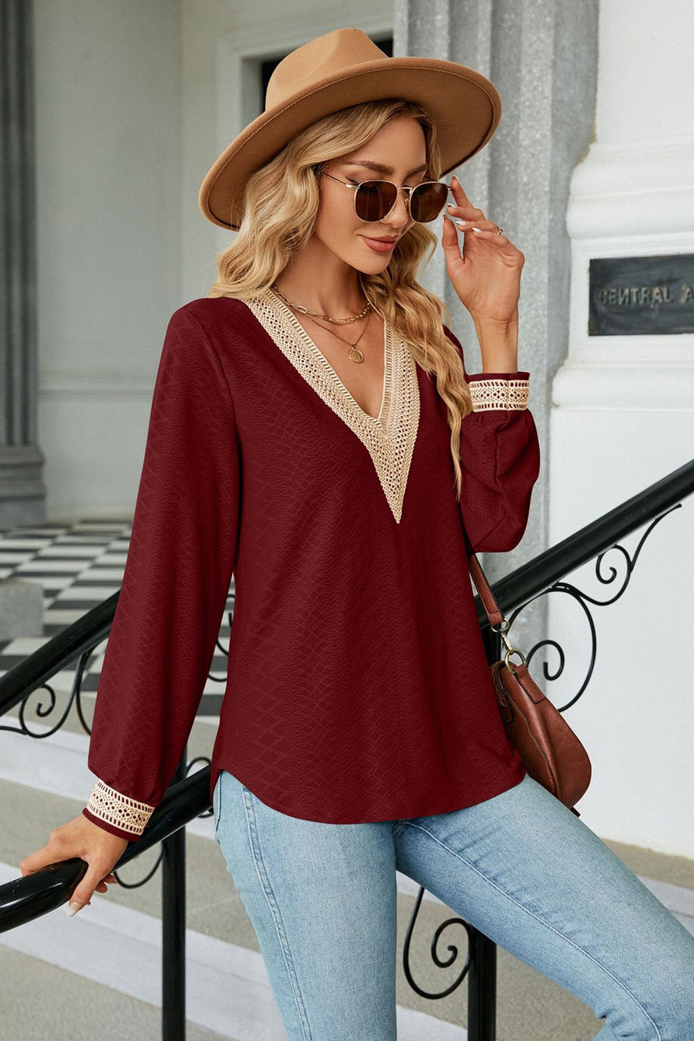 V-Neck Long Sleeve Blouse BLUE ZONE PLANET