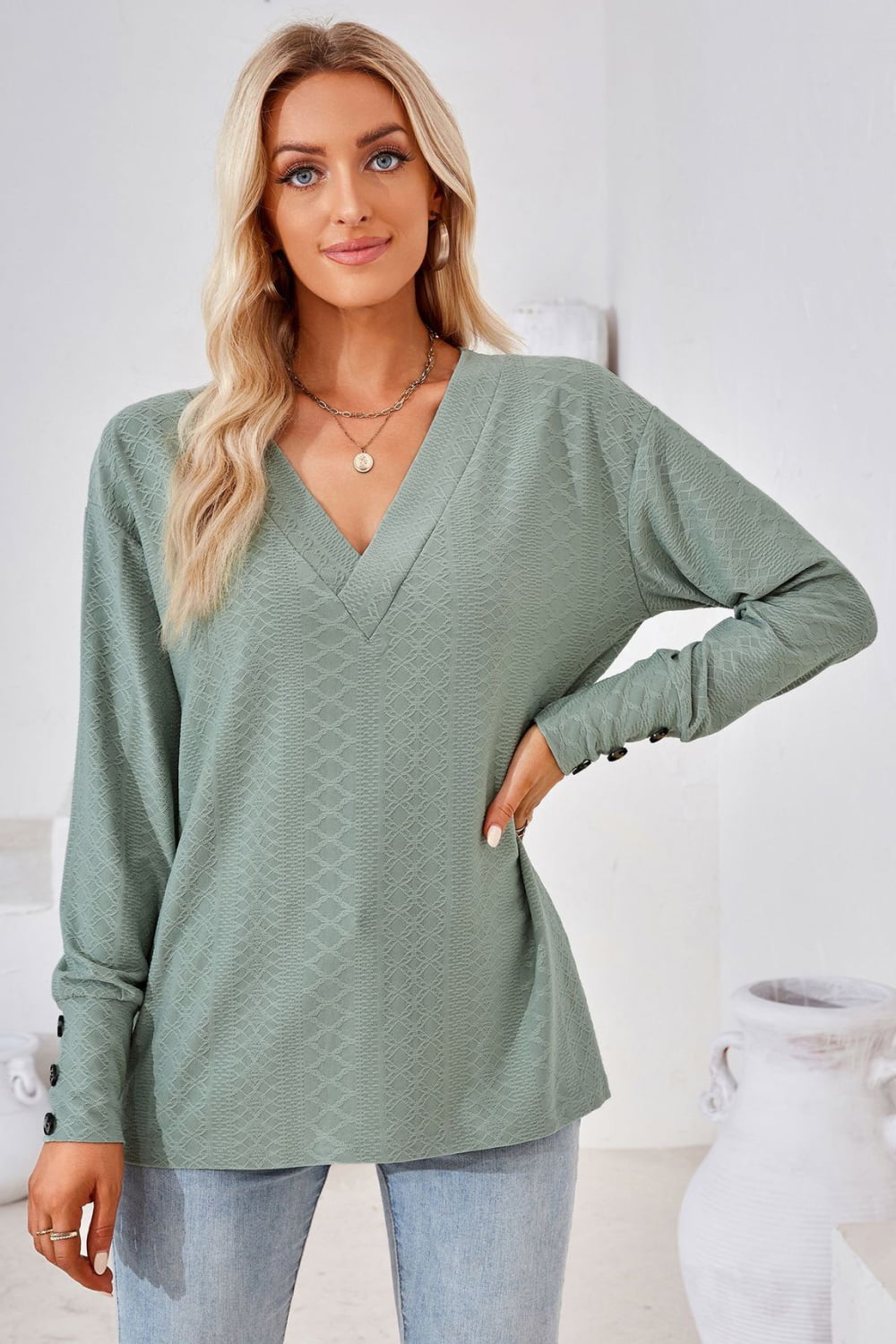 V-Neck Long Sleeve Blouse BLUE ZONE PLANET