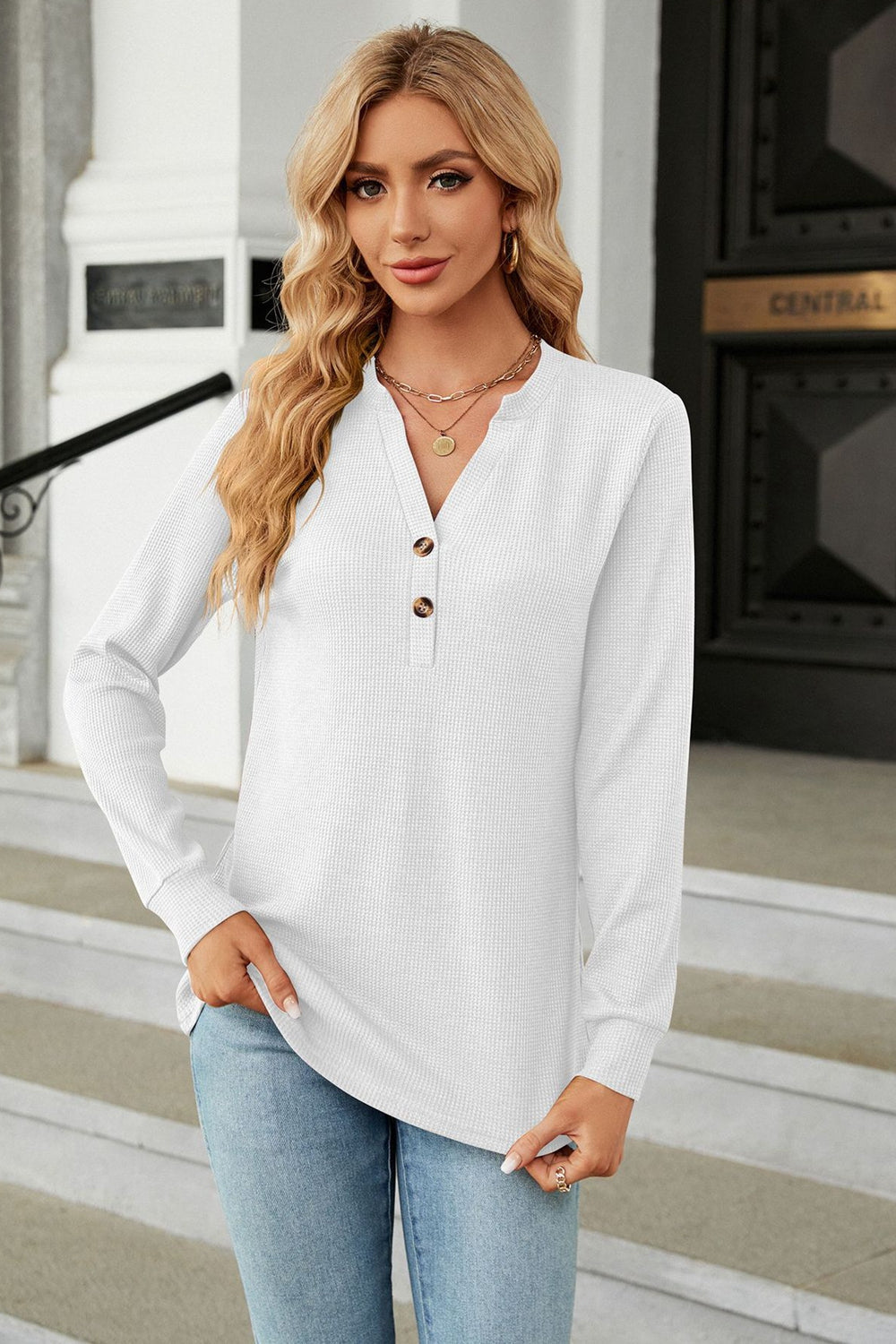 V-Neck Long Sleeve Blouse BLUE ZONE PLANET