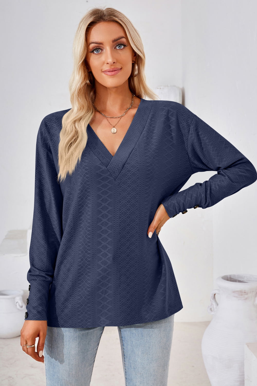 V-Neck Long Sleeve Blouse BLUE ZONE PLANET