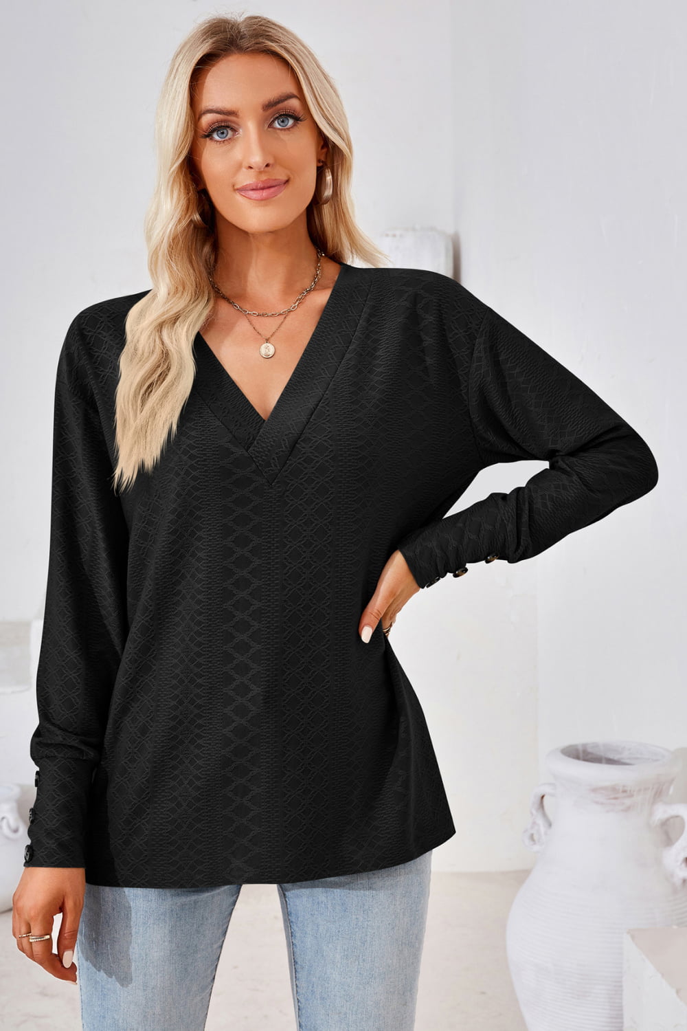 V-Neck Long Sleeve Blouse BLUE ZONE PLANET