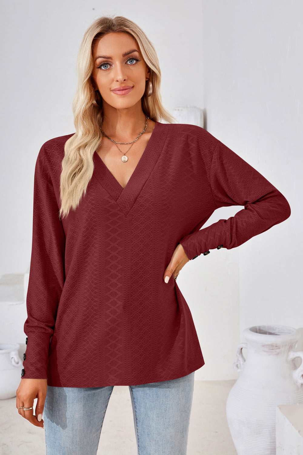 V-Neck Long Sleeve Blouse BLUE ZONE PLANET