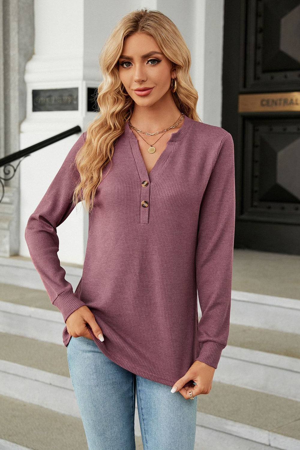 V-Neck Long Sleeve Blouse BLUE ZONE PLANET