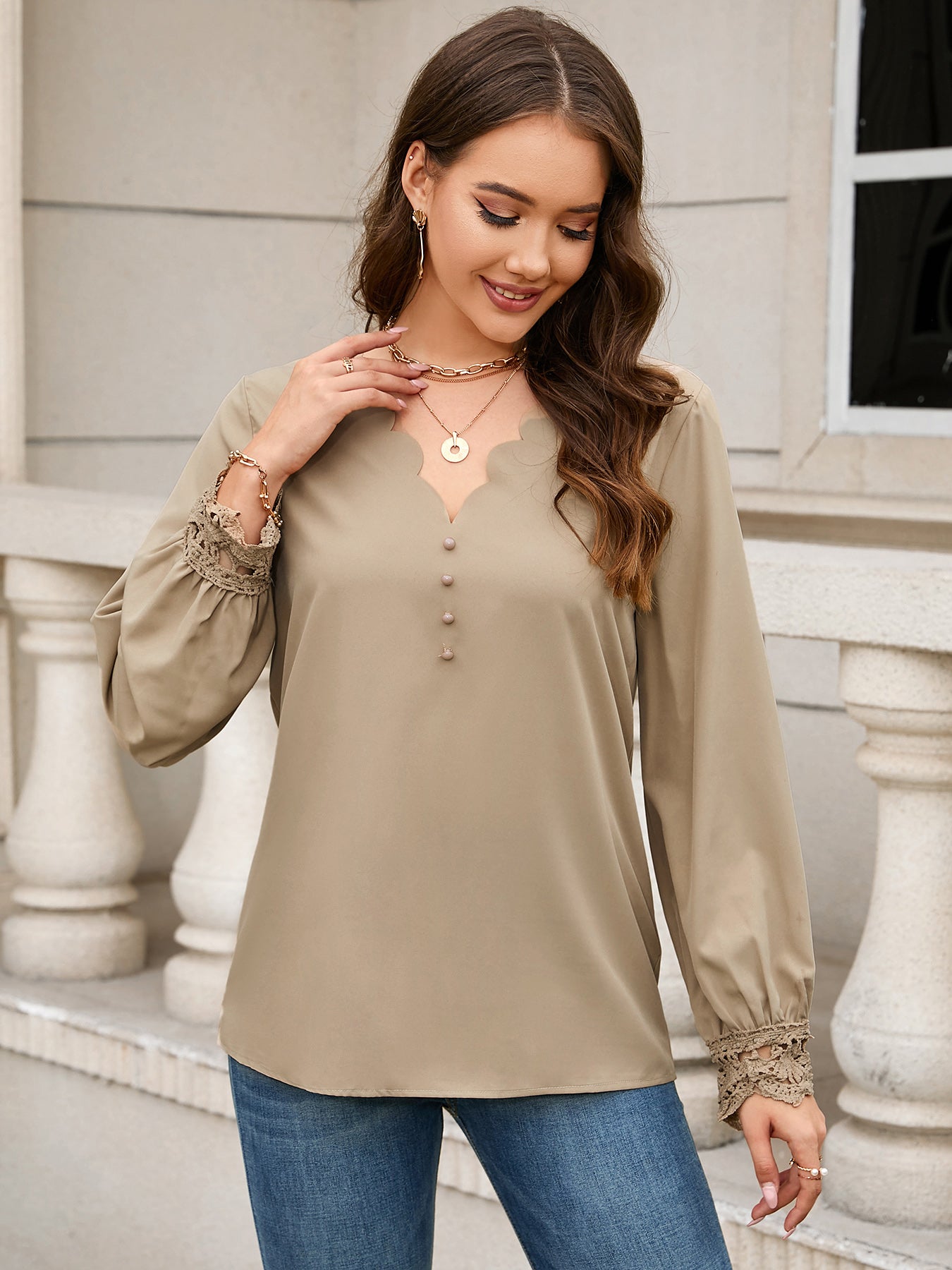 V-Neck Long Sleeve Blouse BLUE ZONE PLANET