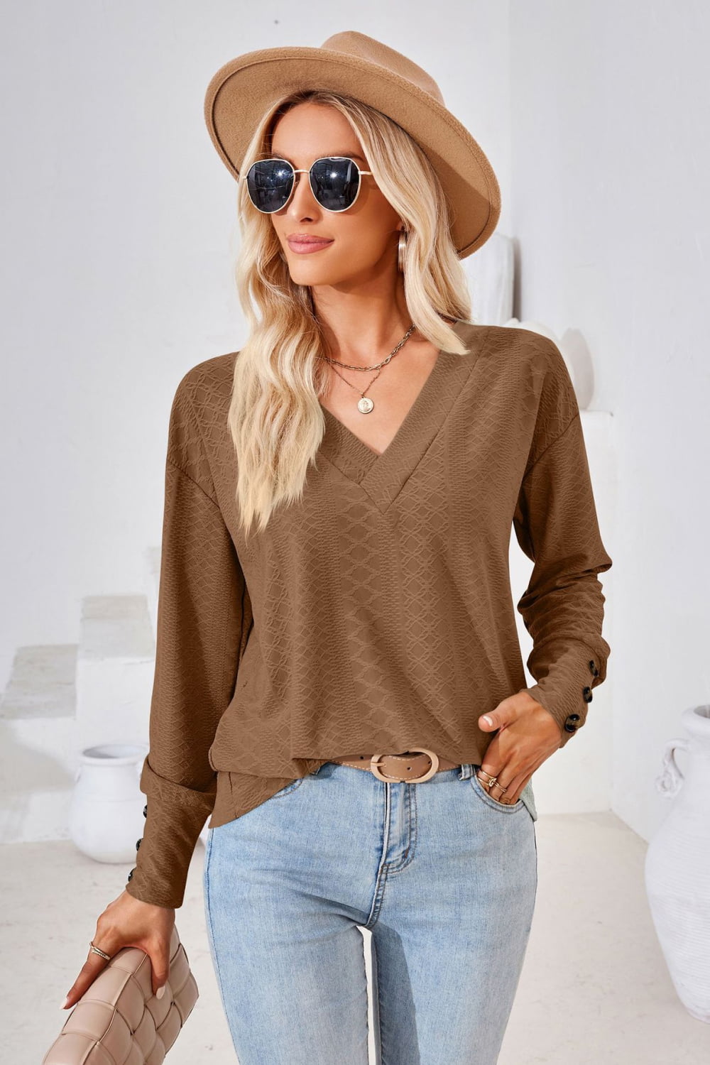 V-Neck Long Sleeve Blouse BLUE ZONE PLANET