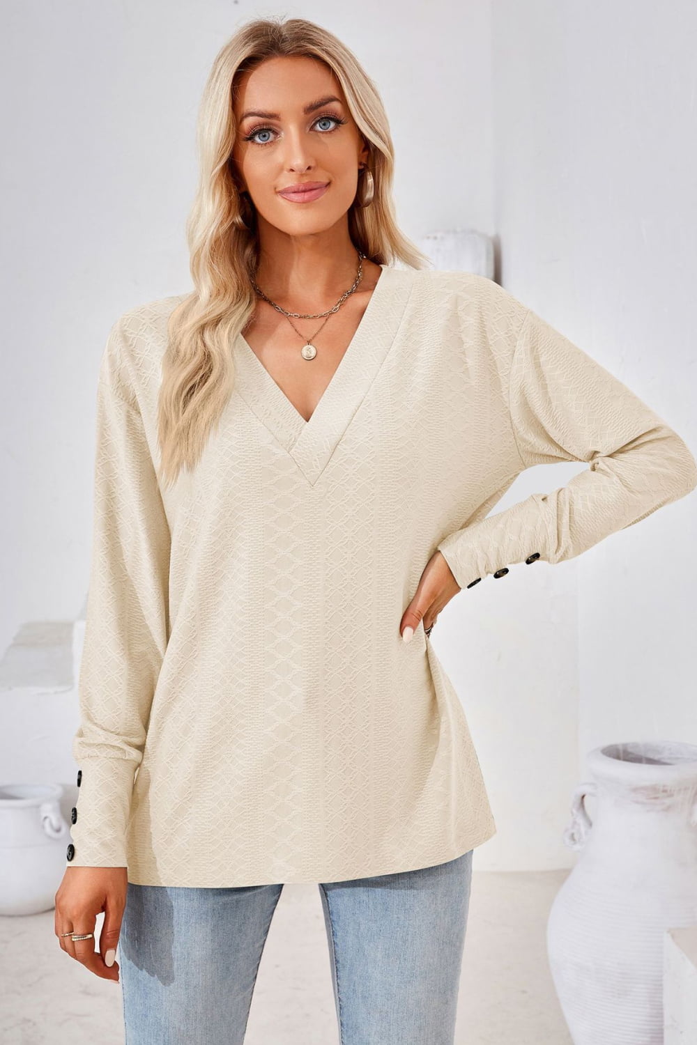 V-Neck Long Sleeve Blouse BLUE ZONE PLANET