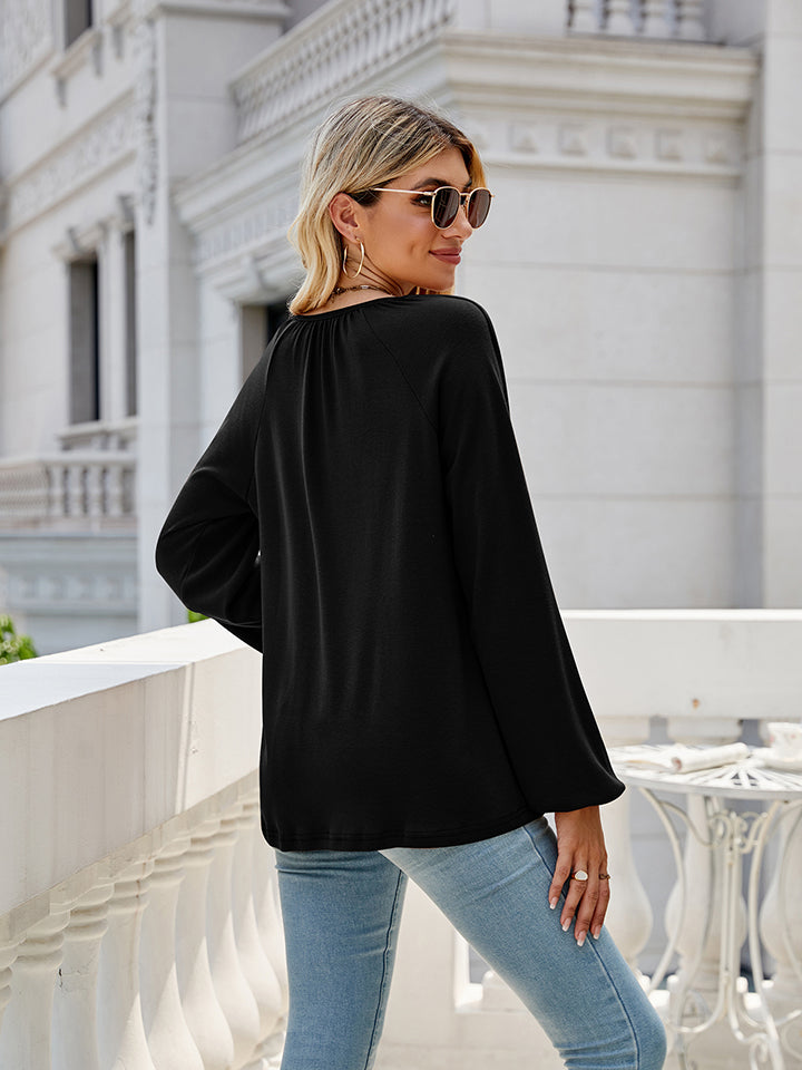 V-Neck Long Sleeve Blouse BLUE ZONE PLANET