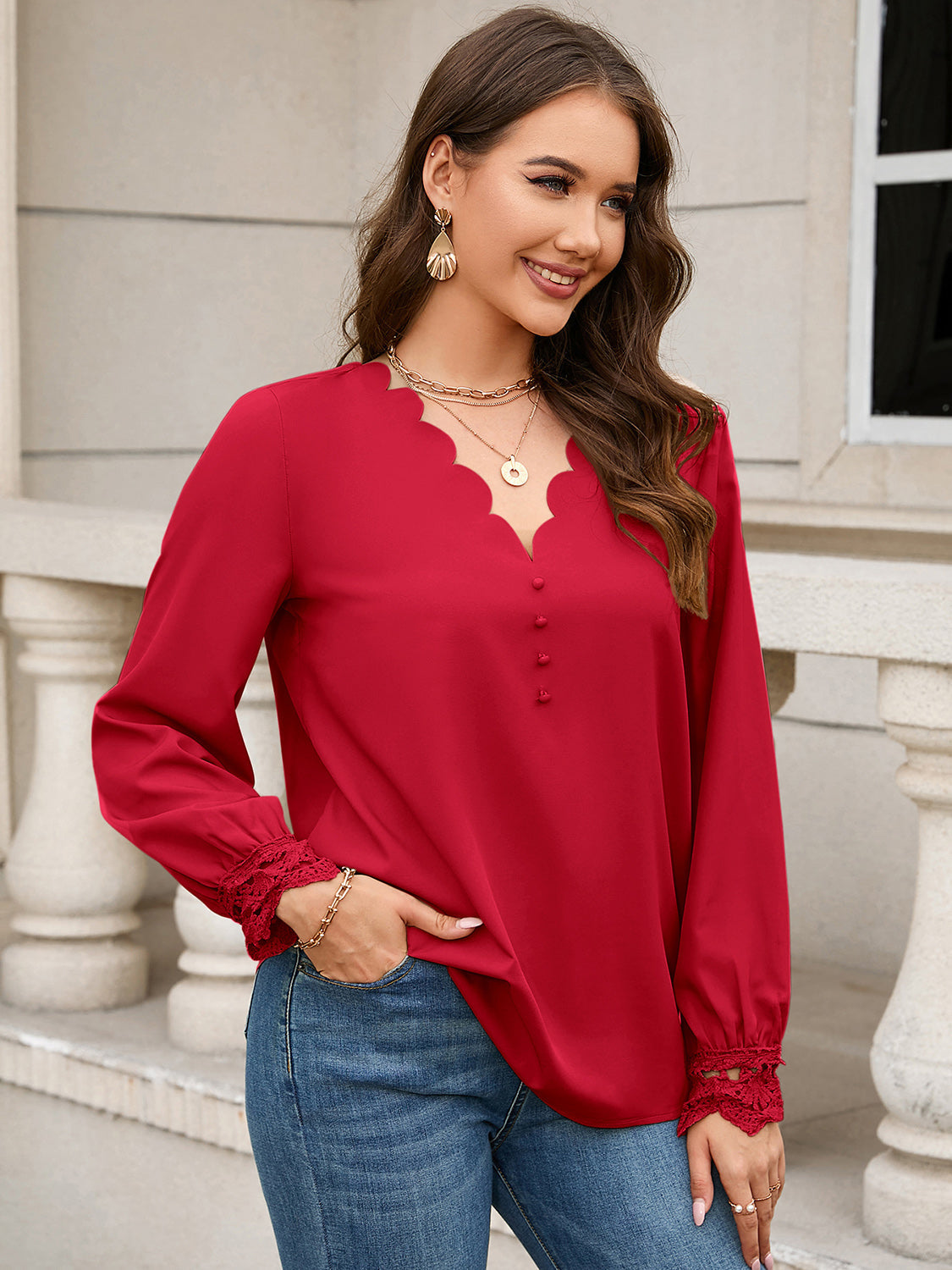 V-Neck Long Sleeve Blouse BLUE ZONE PLANET