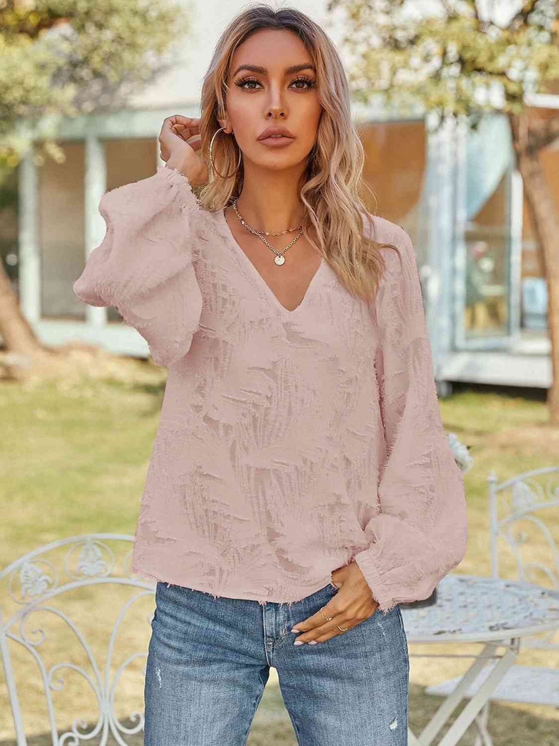 V-Neck Long Sleeve Blouse BLUE ZONE PLANET