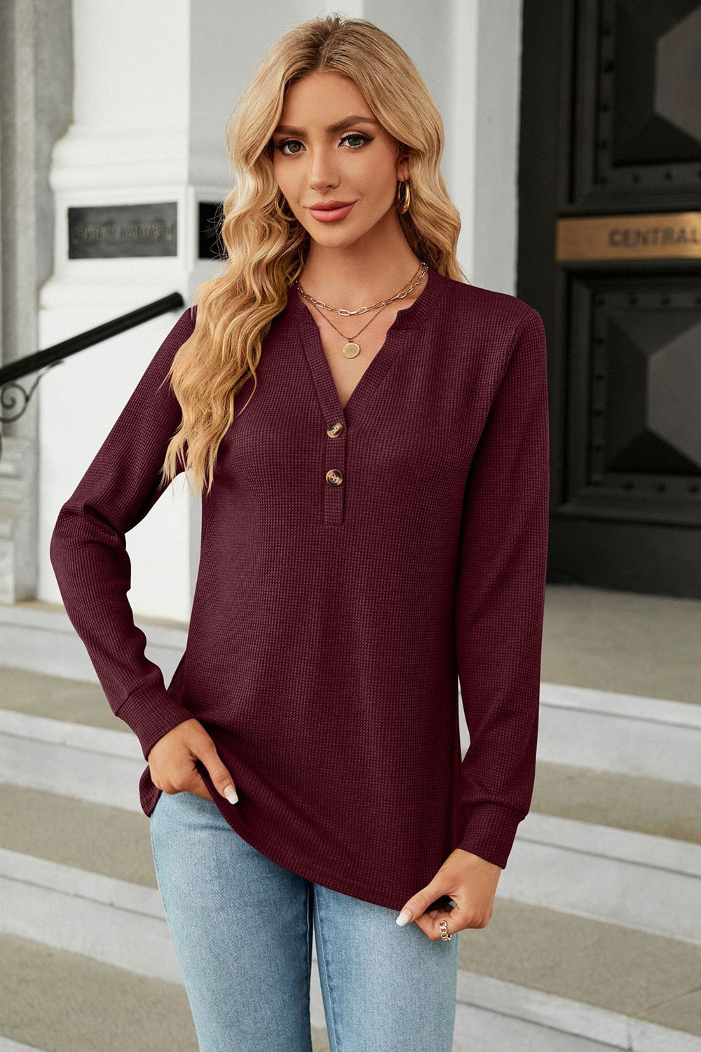 V-Neck Long Sleeve Blouse BLUE ZONE PLANET