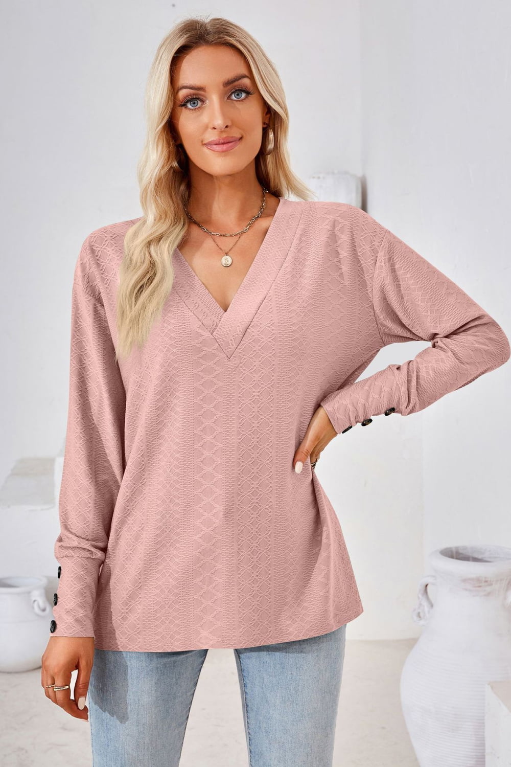 V-Neck Long Sleeve Blouse BLUE ZONE PLANET