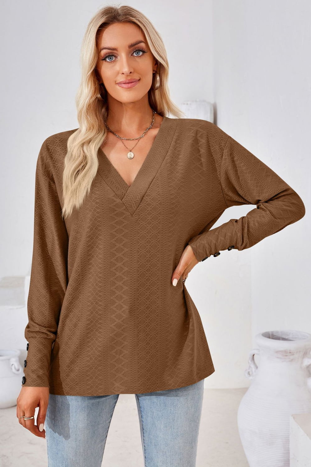 V-Neck Long Sleeve Blouse BLUE ZONE PLANET