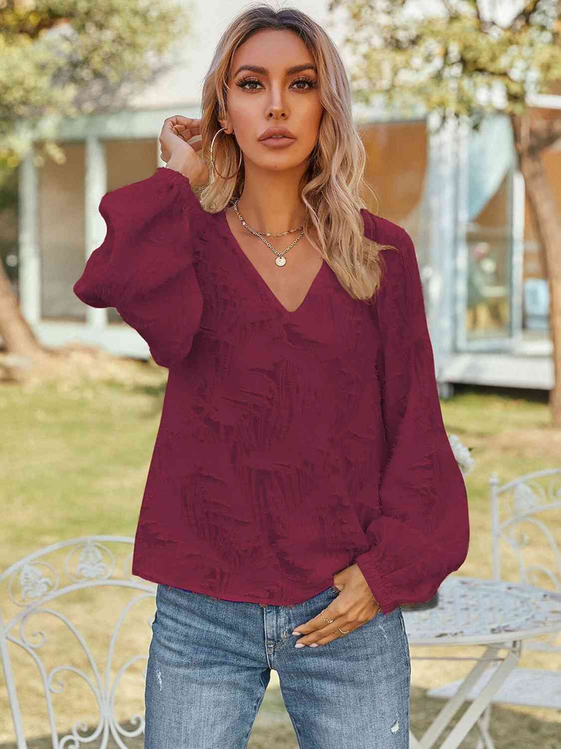 V-Neck Long Sleeve Blouse BLUE ZONE PLANET