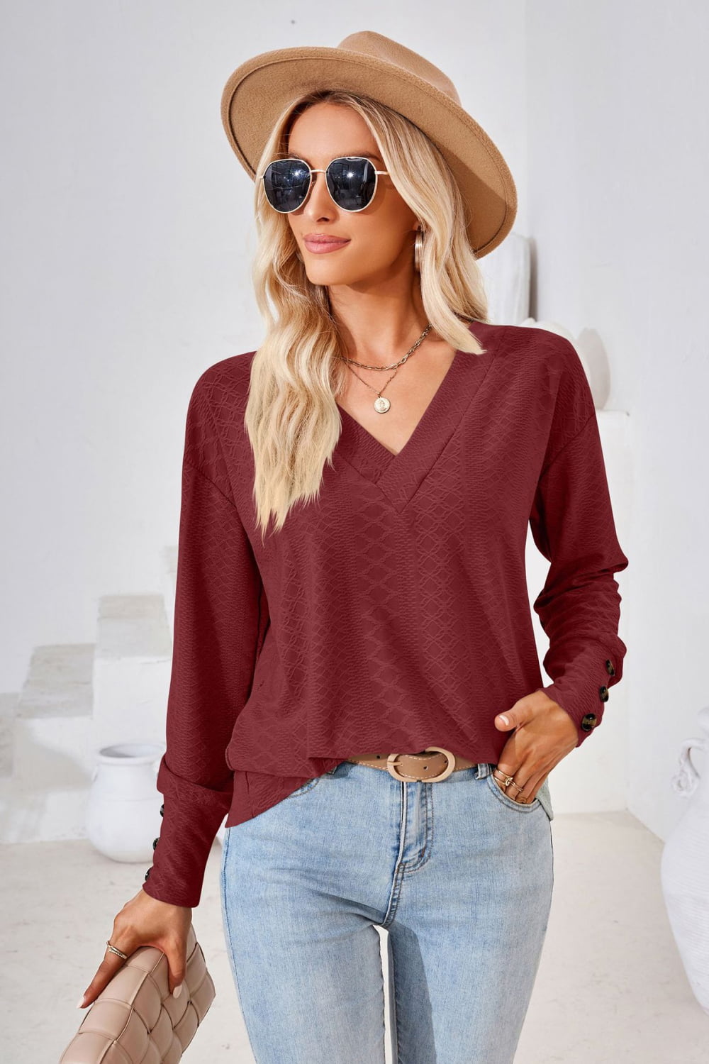 V-Neck Long Sleeve Blouse BLUE ZONE PLANET