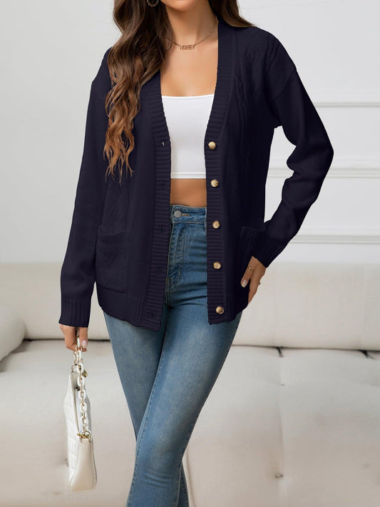 V-Neck Long Sleeve Buttoned Knit Top with Pocket BLUE ZONE PLANET