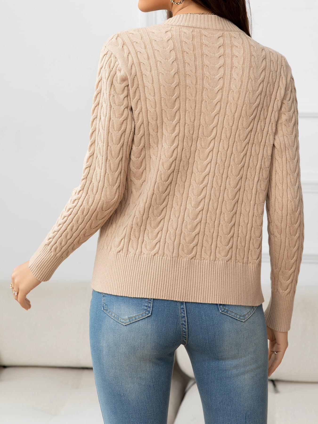 V-Neck Long Sleeve Cable-Knit Buttoned Knit Top BLUE ZONE PLANET