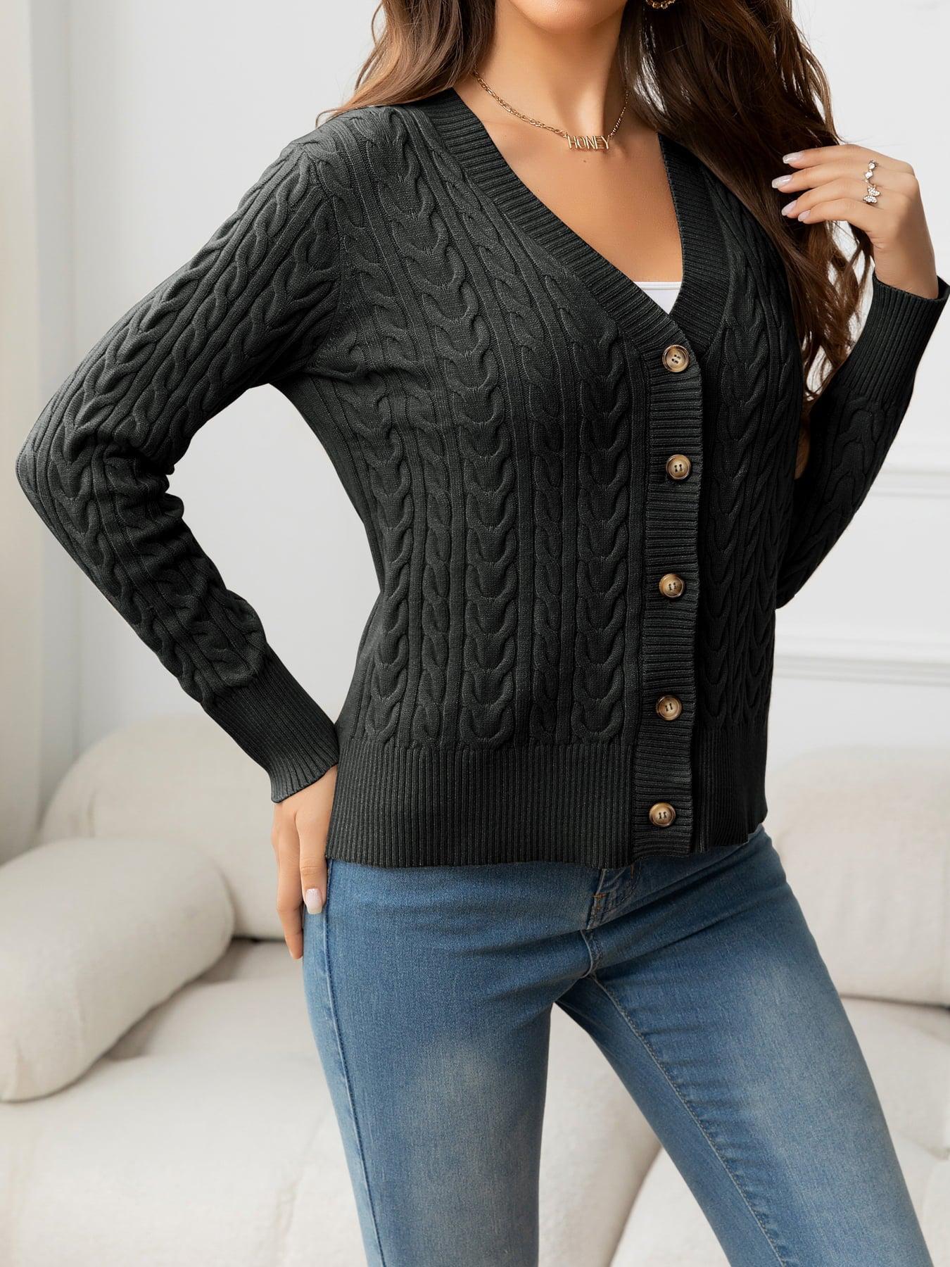 V-Neck Long Sleeve Cable-Knit Buttoned Knit Top BLUE ZONE PLANET